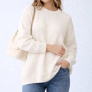 VTG M Cream Lambswool & Rabbit Hair Cable Knit Sweater Oversized Cozy Chic NWT